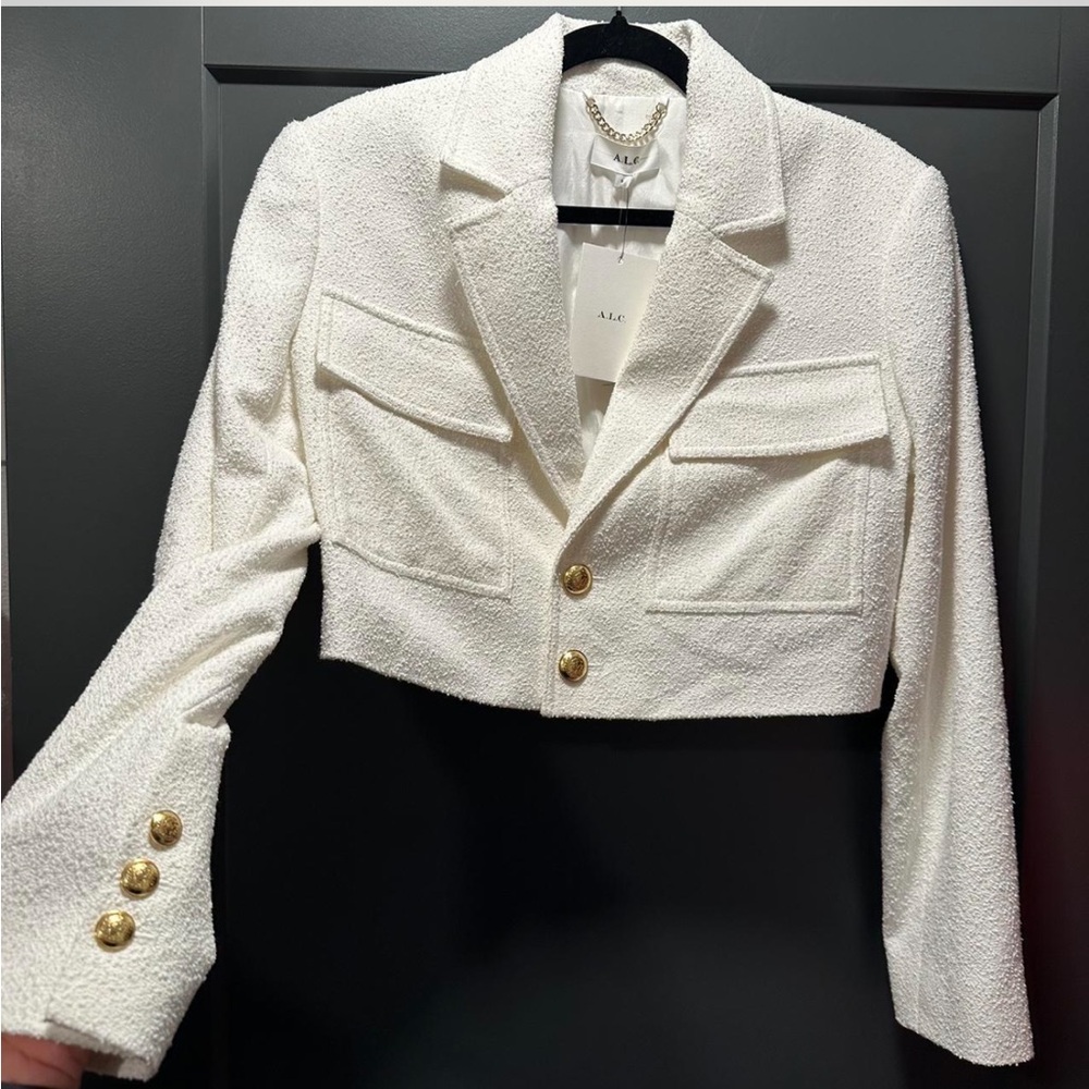 ALC Cotton blend off white tweed jacket with gold hardware